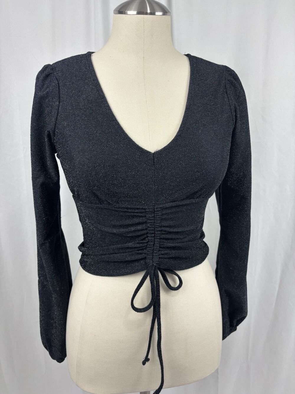 NWT Ultra Flirt Glittering Runched Crop Top Black Long Sleeve Size XS Coquette